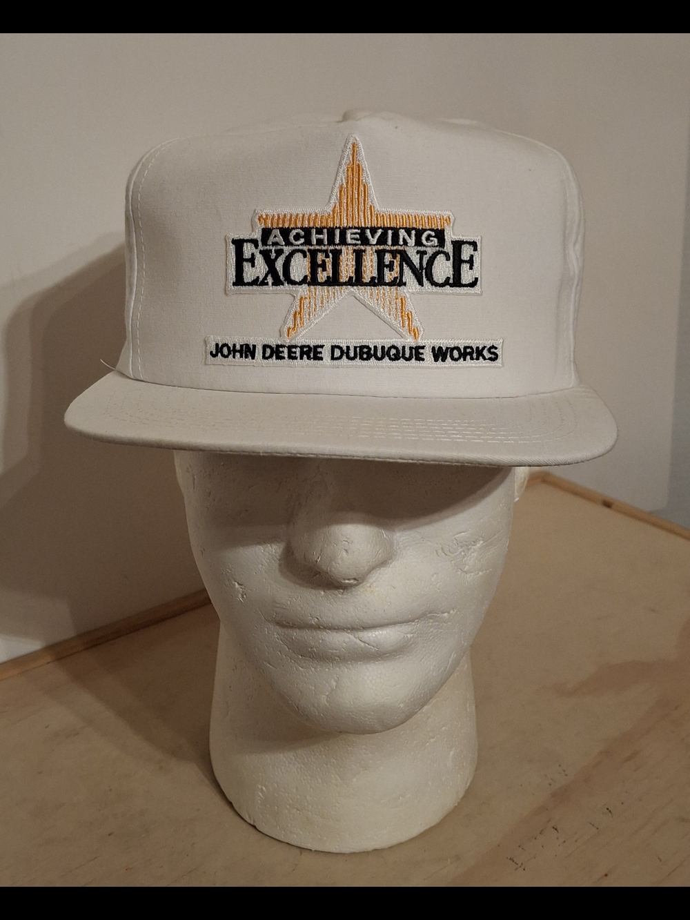 Vintage 1991 White "John Deere Dubuque Works Achieving Excellence" Snapback hat